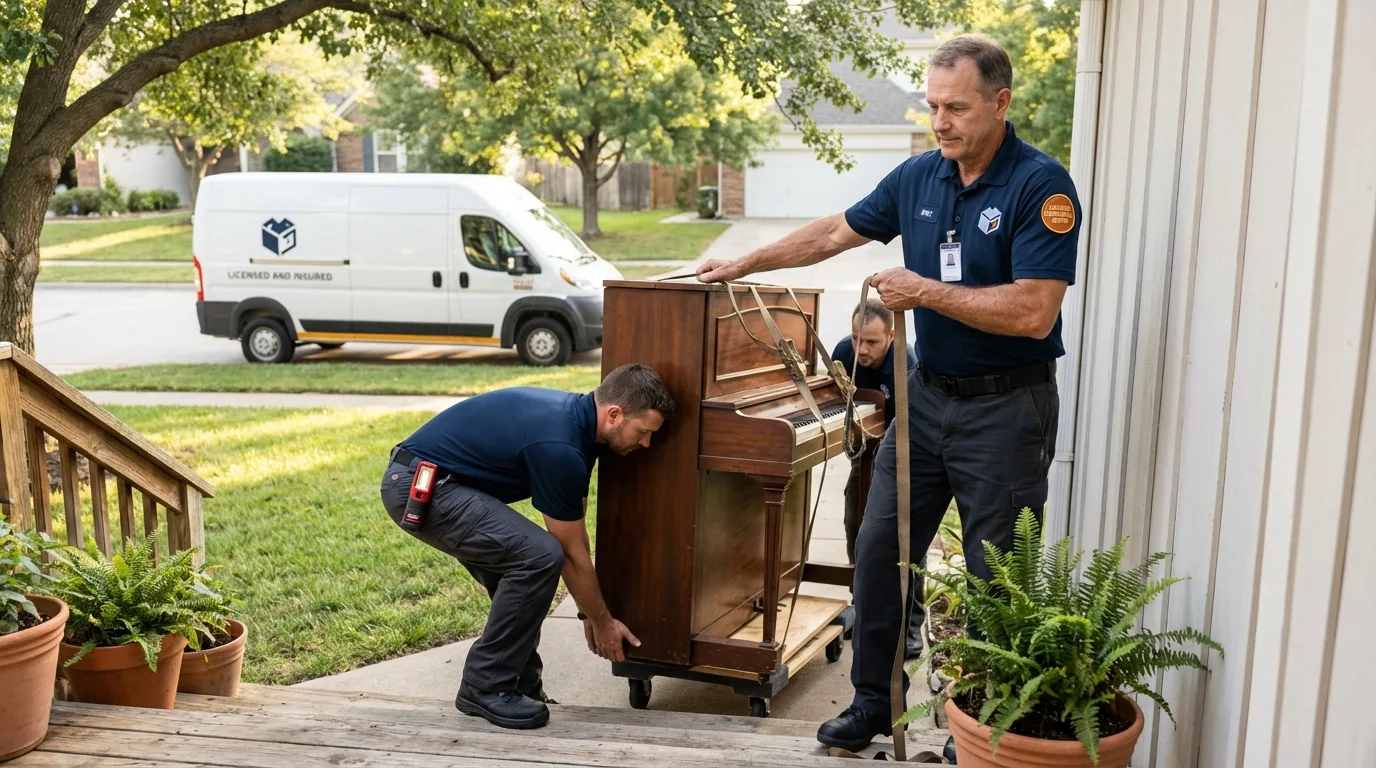 Licensed piano movers securing grand piano in Dalton, MA