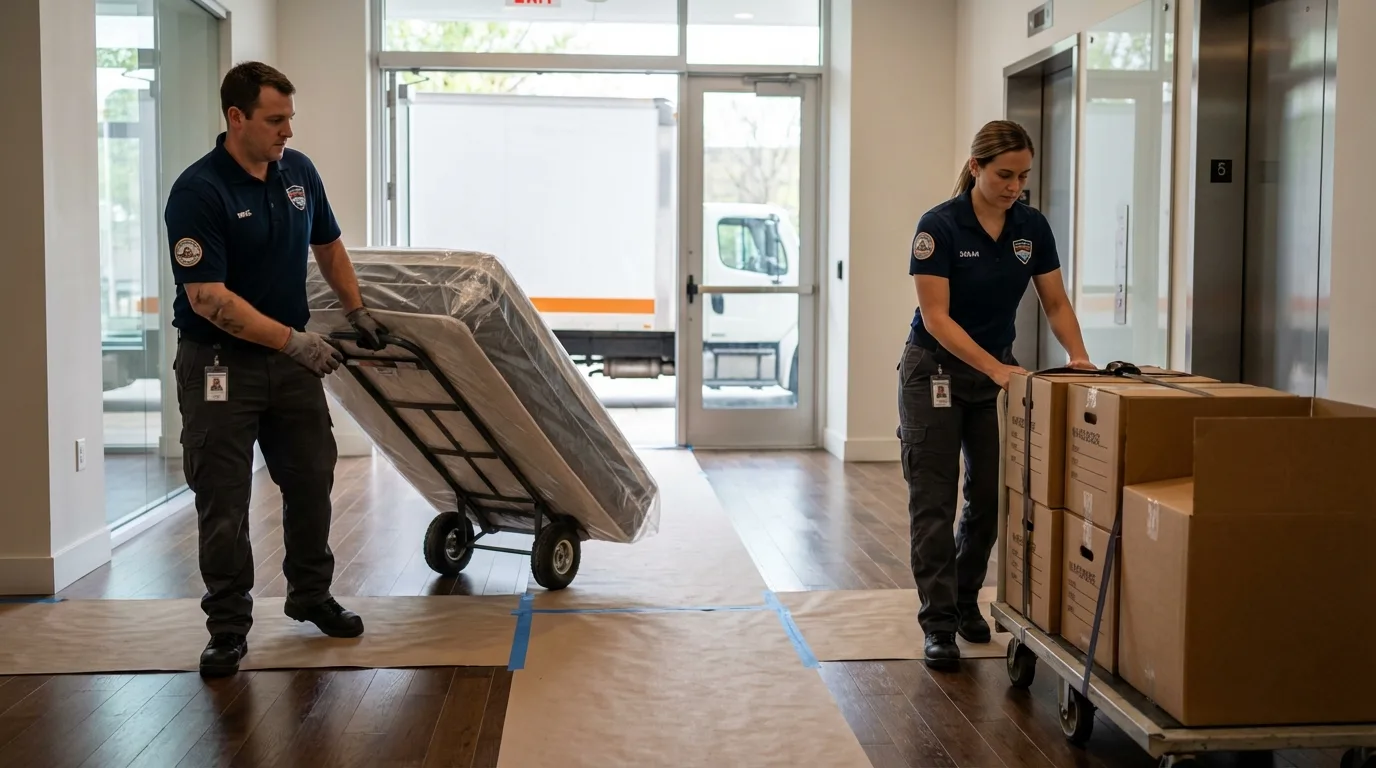 Professional apartment movers loading elevator in Dalton, MA