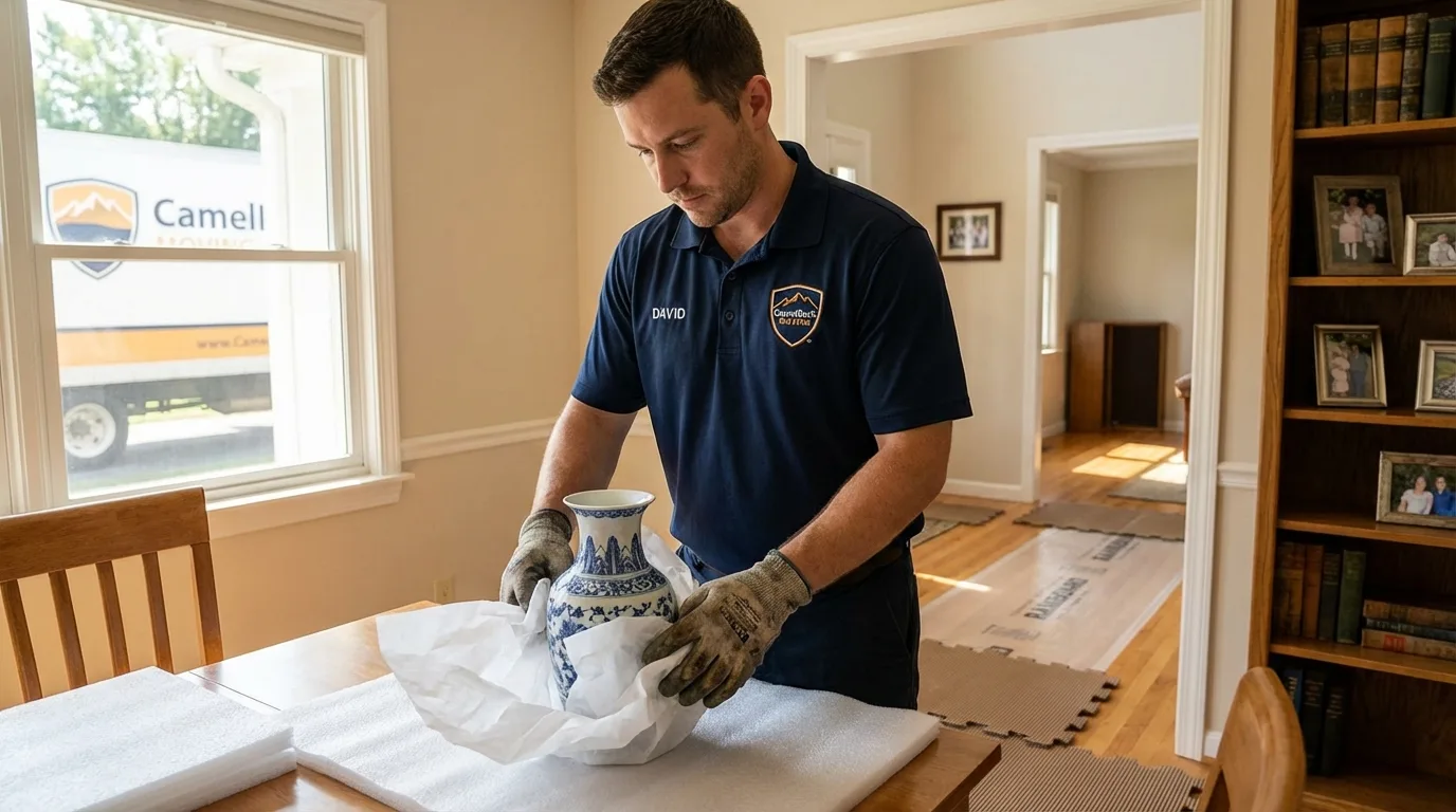 Professional crew carefully wrapping antique vase for senior downsizing move in Dalton, MA