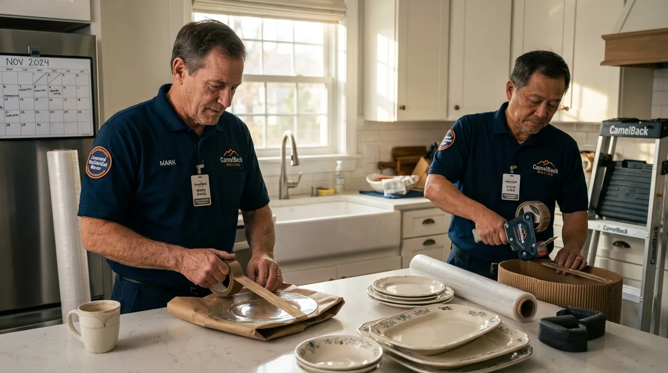 Professional crew packing kitchen dishware in Dalton, MA